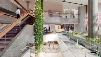 AIA headquarter's renewal rendering with open floors and green spaces
