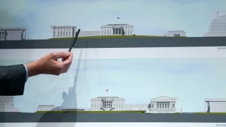 Rendering of White House, West Wing, and East Ballroom from the North and South. The rendering illustrates that the Ballroom Colonnade is the same height of the White House Collonade