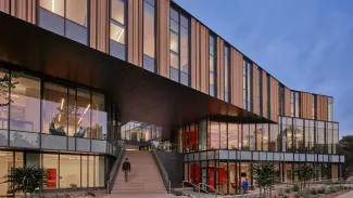 Exterior staircase of Harvey Mudd College, Scott A. McGregor Computer Science Center at dusk