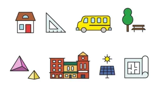 illustration of a house, triangle ruler, school bus, a bench next to a tree, two origami squares, a school, solar panels being heated by sun, and a draft paper.