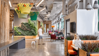 Interior space of a modern building that features a lot of built in planters