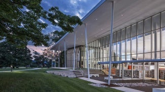 Exterior of Louisville Free Public Library Northeast Regional Public Library at sunset.