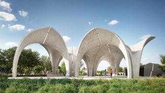 Confluence Park’s unique main pavilion is made of 22 concrete “petals” that form a geometry designed to collect and funnel rainwater