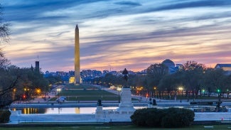 View of the Washington Monument and National Mall at sunset, Washington D.C., United States of America, North America