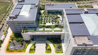 Aerial view of modern sustainable office building