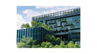 Green building with vegetation on stepped terraces