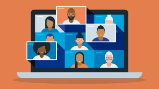 Graphic of a computer with diverse figures on a video call