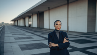 2024 AIA President Kimberly Dowdell stands arms-crossed outside a building