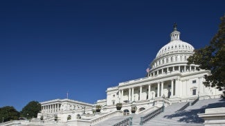 US Capitol against a blue sky. 