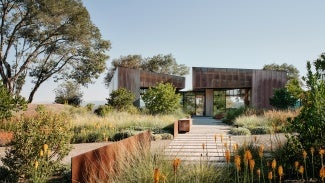 Entry view between two pavilions.