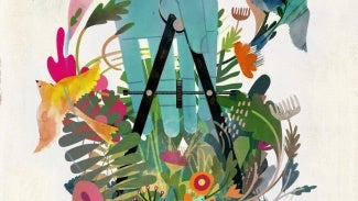 Abstract illustration of a hand grasping a compass drawing tool surrounded by natural elements (birds, plants)