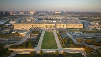 USA, Virginia, Arlington, Aerial photograph of the eastern entrance of the Pentagon - stock photo