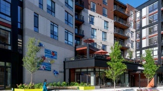 The activated public streetscape at Brightview Dulles Corner in Herndon, Va.