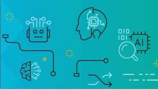 Animated image of a computer, robot, and human brain to represent AI