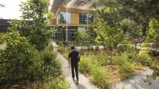 A man walking towards a building with a regenerative design