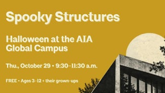 Orange and yellow graphic showing details of AIA October 29 Halloween event
