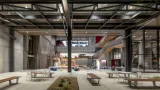 Interior view through hangar doors of Health Sciences Innovation Building 