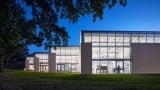 Exterior view at dusk of Kent State University, Design Innovation Hub