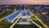 Aerial shop of the Siebel Center for Design at dusk