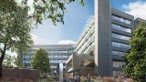 Rendering of the facade of the AIA headquarters in Washington, D.C. Showing the proposed changes to the courtyard and modifications to the building's exterior as part of the renewal project.