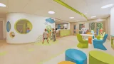 Building interior with colorful furniture