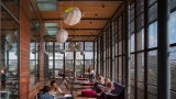 modern library siting area with wood detail and full windows