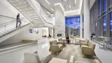 Interior lobby of Allegheny Health Network Wexford Hospital at night