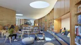 Interior library stacks inside of Atherton Library.