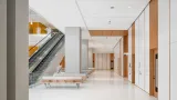 PUBLIC CORRIDOR WITH CUSTOM WOOD VENEER AND EXTRUDED ALUMINUM SEATING ON LEFT AND WHITE QUARTZ WALL PANELS IN BEECH WOOD TRIM WALLS ON RIGHT