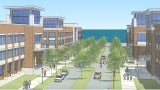 rendering of downtown streetscape with trees and view toward the water