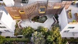 Aerial view of courtyard and main buildings.