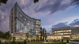 exterior of hospital center at dusk