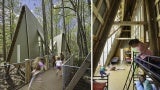 A composite image: On the right are children running along a boardwalk in a forest past some a-frame buildings. On the right is an interior view of the building with children handing out in metal bunk beds at daytime.