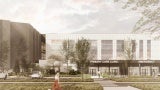 Rendering of a clinic building with a white facade. 