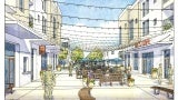 a watercolor stly rendering of a pedestrianized street with bistro tables. A person in military fatigues is walking down the street.