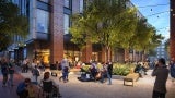 Rendering of a tree-lined courtyard next to a brick and glass building. 