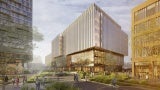 Rendering of a glass building with fins. 