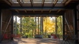 The arbor interior spills onto an exterior stone terrace with integrated gas fireplace, fostering year-round enjoyment.
