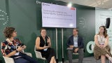 From left to right: Julie Kjestrup; Victoria Burrows of KOMPAS VC; Illya Azaroff, FAIA; and Elinor Huggett of Foster + Partners speaking at the Denmark Pavilion at COP30. 