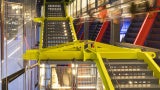 Brightly colored exposed steel in the International Spy Museum. 