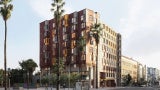 rendering of high-rise affordable housing development with palm trees