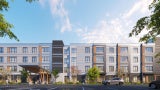 rendering of affordable housing complex with overhang entrance