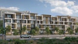 rendering of three-story affordable housing structure on tree-lined street