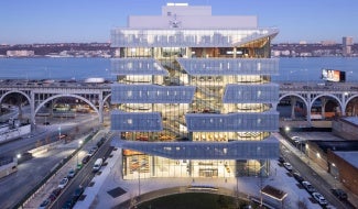 Exterior of Columbia Business School at sunset.