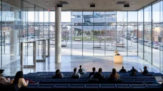 Auditorium-style seating inside of Columbia Business School