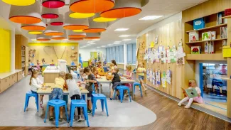 Bright colored classroom inside of Ehrman Crest Elementary and Middle School