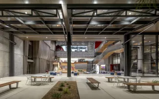 Interior view through hangar doors of Health Sciences Innovation Building 