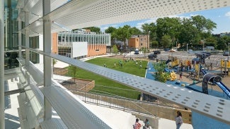 Powell Elementary School playground and field on a sunny day