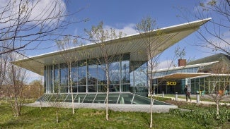 Exterior of Siebel Center for Design with deep overhanging roof