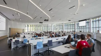 Interior classroom at University of Illinois at Chicago, Academic and Residential Complex (UIC ARC) with students learning.